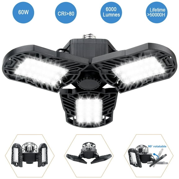 2 Pack, Garage Light, Baloray 60W 6000 Lumen 6500K Ceiling Lights LED Utility Shop Light for Garage/Basement/Home, Ceiling Fixture50, 000 Hours E26/E27 LED Deformable Garage Light Super Bright