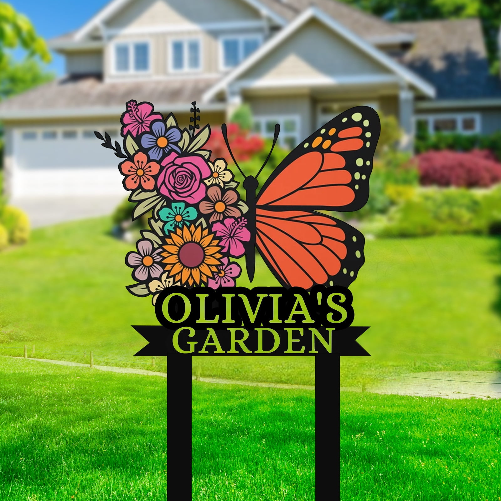 Personalized Garden Signs, Custom Metal Colorful Butterfly Garden Sign for Outside, Butterfly Garden Stake Metal Sign Garden Name Sign, Garden Decor Sign Yard Sign with Stakes(16inches-Nonporous)