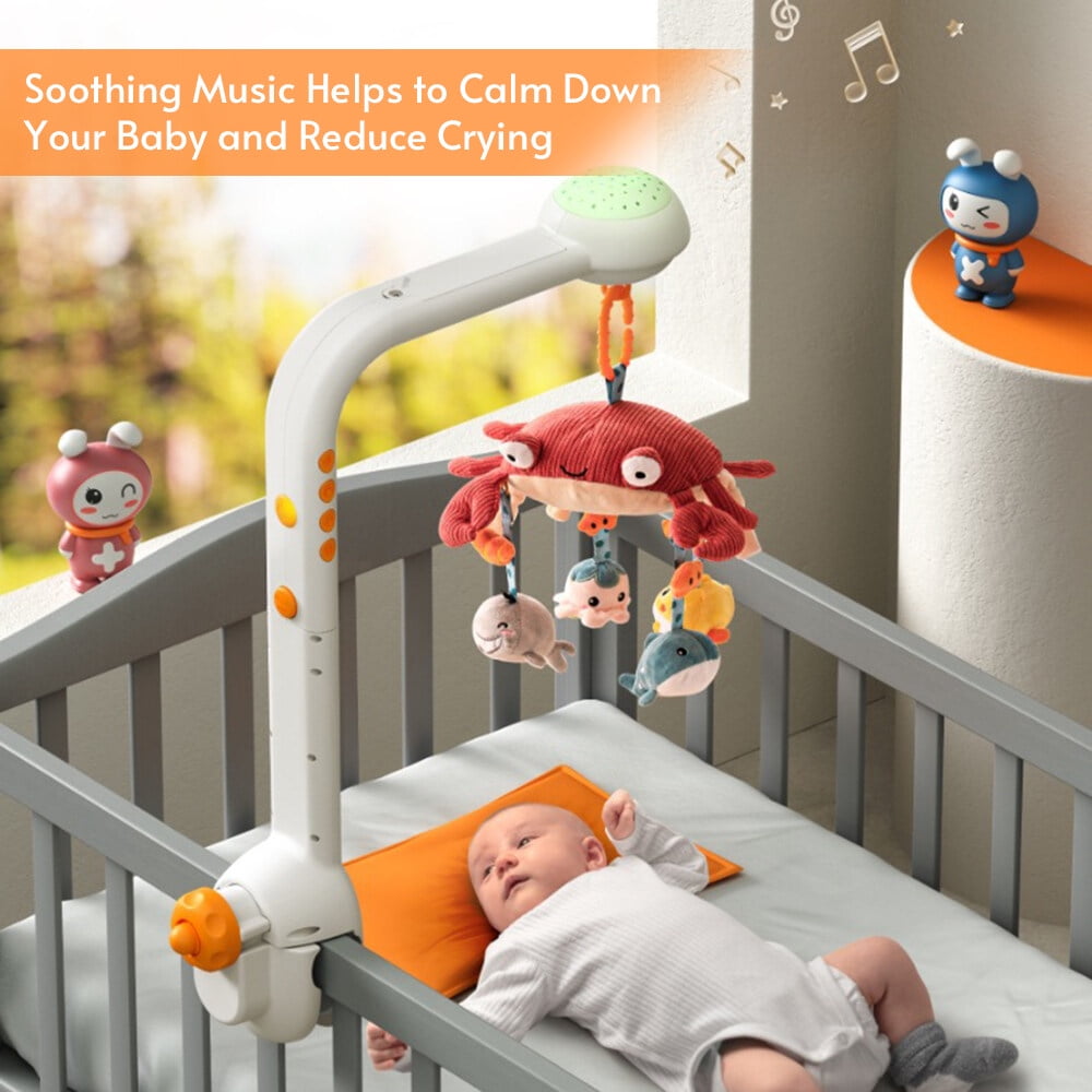 mobile for Multifunctional Crab Musical Mobile Toy Starry Projector Light with 360° Rotatable Cute Cartoon Hanging Rattles Pendants for Newborn Infants