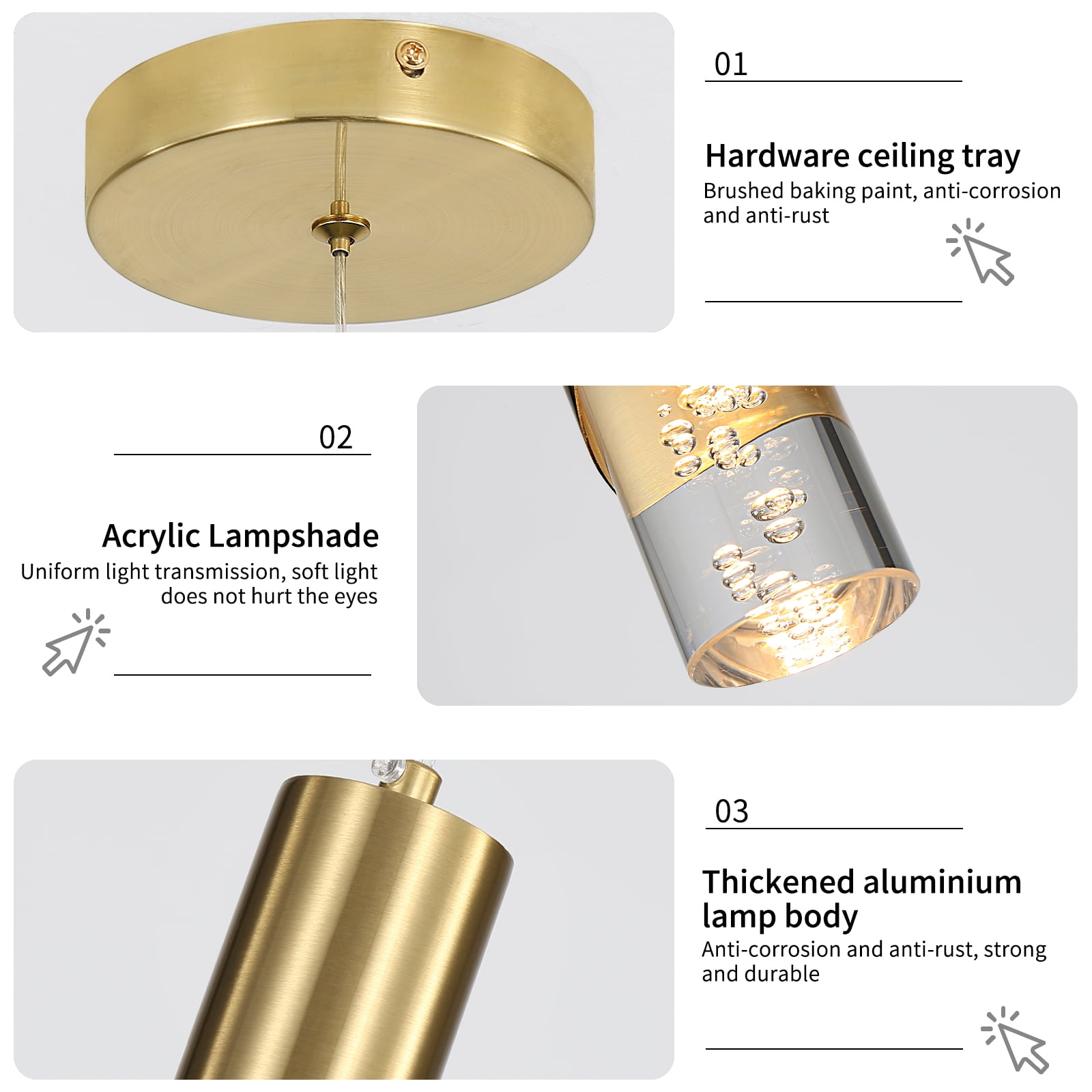 Modern Linear Pendant Light for Kitchen Island, LED Hanging Light Fixture with Bubble Acrylic, 3 Color 3000K/4500K/6500K, Mini Ceiling Chandelier Lighting for Dining Room, Bedroom, Hallway