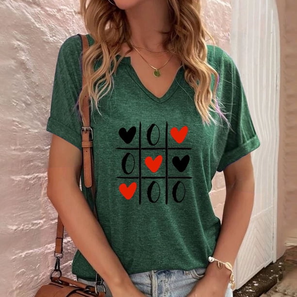 Fiudx Camisetas para Mujer Blusas con Cuello En V de Manga Corta con Estampado Informal a La Moda para Mujer
