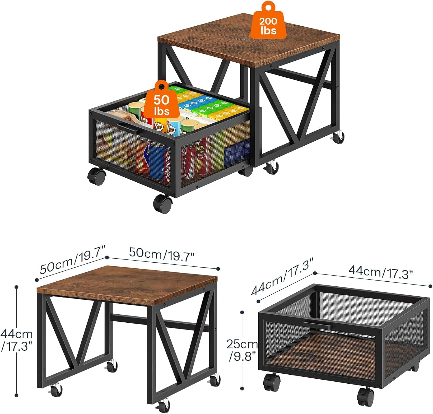 Mini Fridge Stand with Movable Storage Basket and Wheels, Sturdy Metal Frame for Home Office Dorm Rustic Brown Black