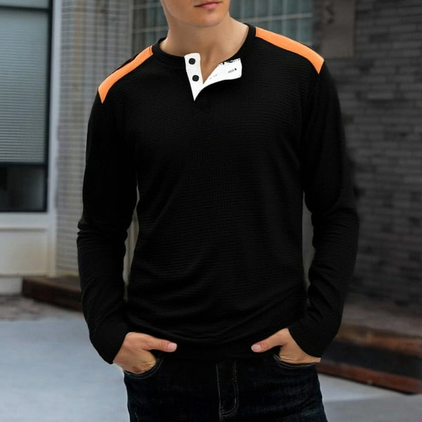 pstuiky Camisas de invierno de manga larga para hombre, Blusa/camisa informal y moderna de color liso con cuello redondo y botones en bloques de color para hombre camisetas de hombre xxxl