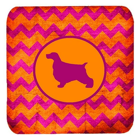 

English Cocker Spaniel Chevron Pink And Orange Foam Coasters - Set 4 3.5 x 3.5 In.