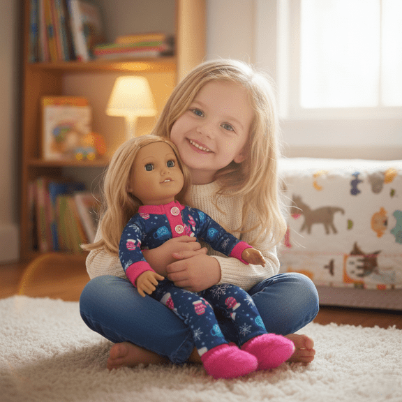 Sophia's One-Piece Winter Print Pajamas and Fluffy Slippers for 14.5" Dolls, Blue/Hot Pink