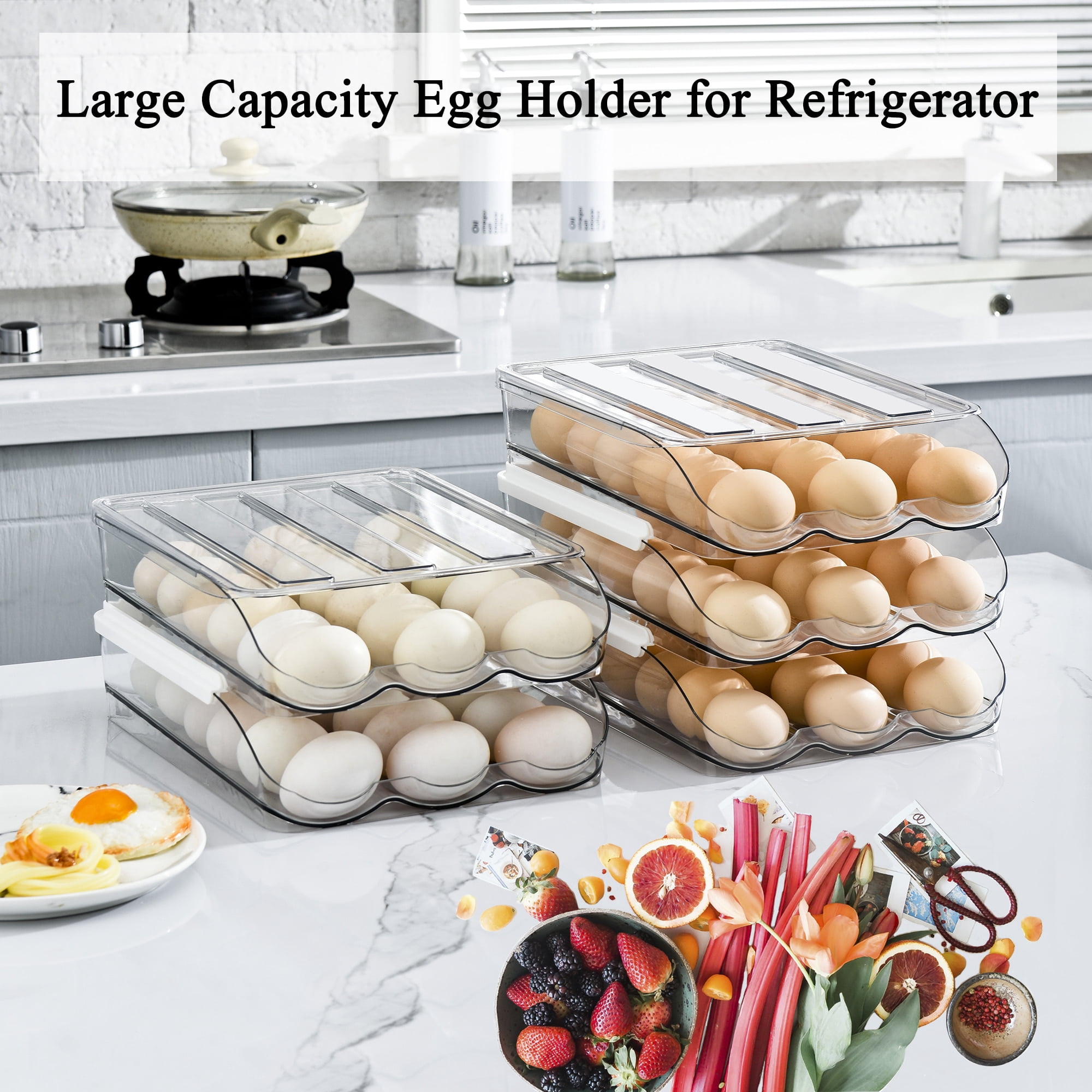 Amikdis Auto Rolling Egg Holder For Refrigerator Large Capacity Egg Container Organizer Tray Bins Stackable Fresh Storage Box For Fridge Plastic Clear(3 Layers)