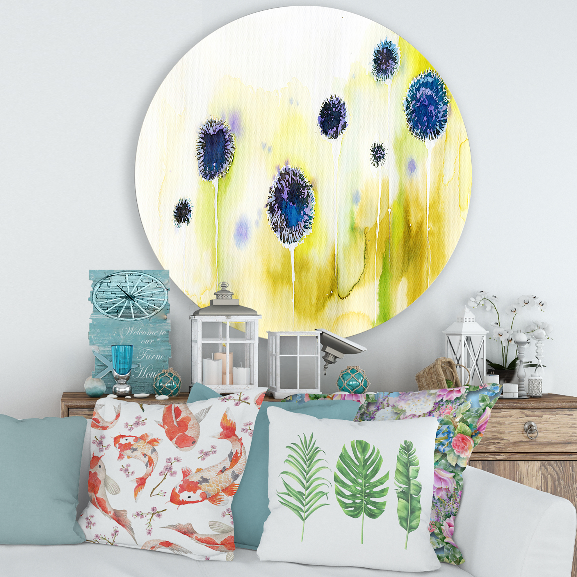 Designart 'Abstract Blue Flowers In The Meadow' Traditional Circle Metal Wall Art 36x36 - Disc of 36
