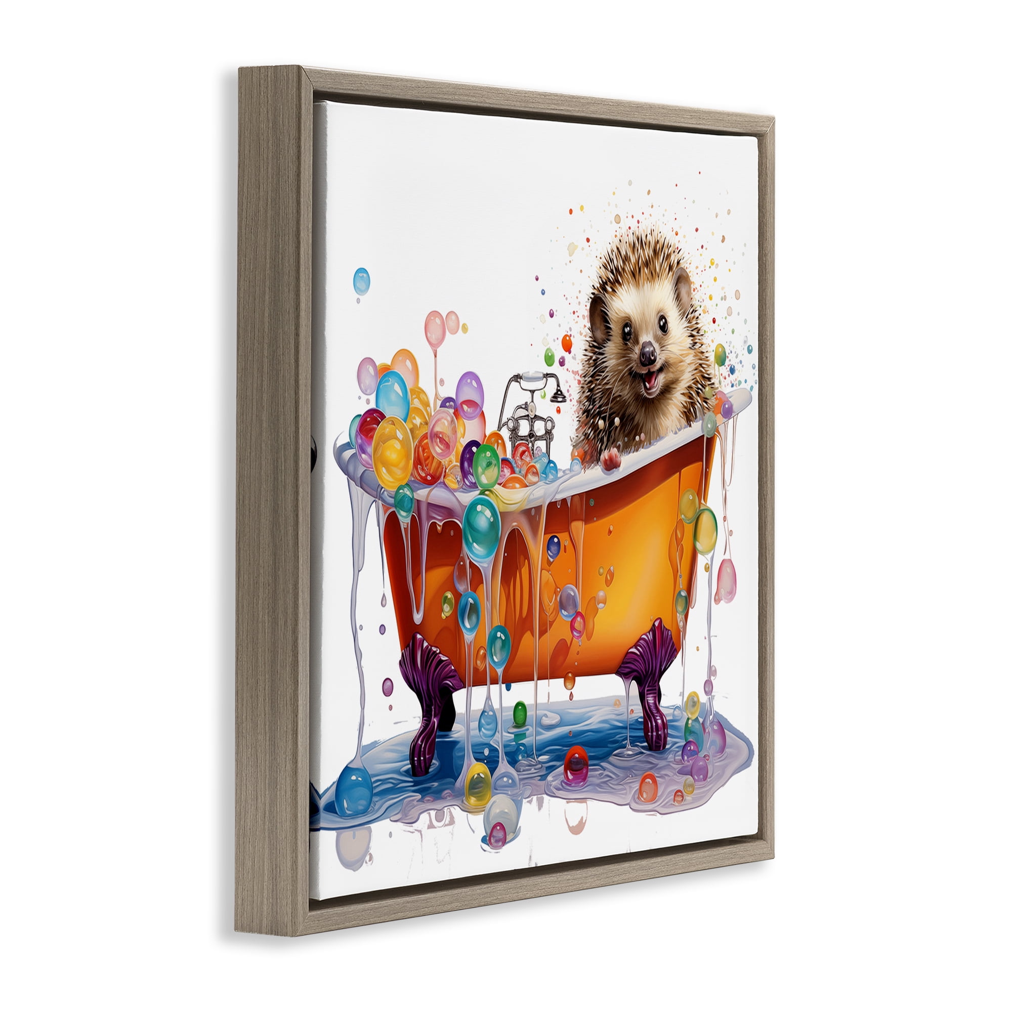 Stupell Industries Happy Hedgehog Bubble Bath Bath & Laundry Painting Brown Floater Framed Canvas Art Print Wall Art, 25 x 25