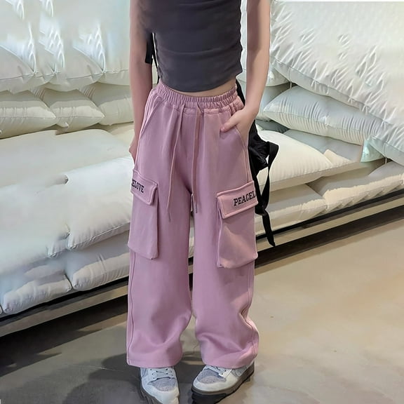 Girls Cargo Pants Slim Fit Cargo Jogger Pants Elastic Waist Pink Cargo with Pockets Girl Pants Size 4-5 Years