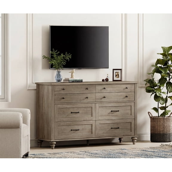 Farmhouse Dresser with 8 Drawers, Wood Kids Dresser for Bedroom Living Room, Gray