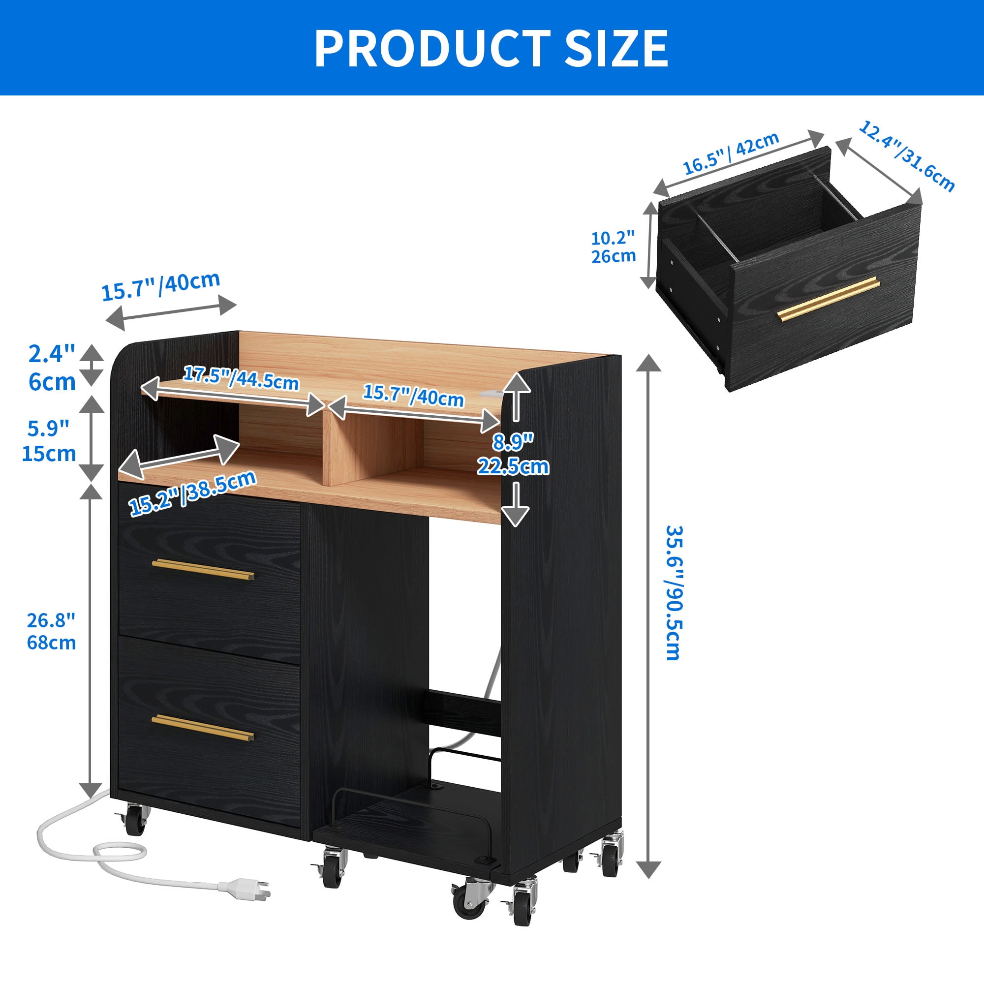 DEXTRUS Black File Cabinet with Charging Station, Shredder Stand, Printer Table, and 2-Drawer Storage