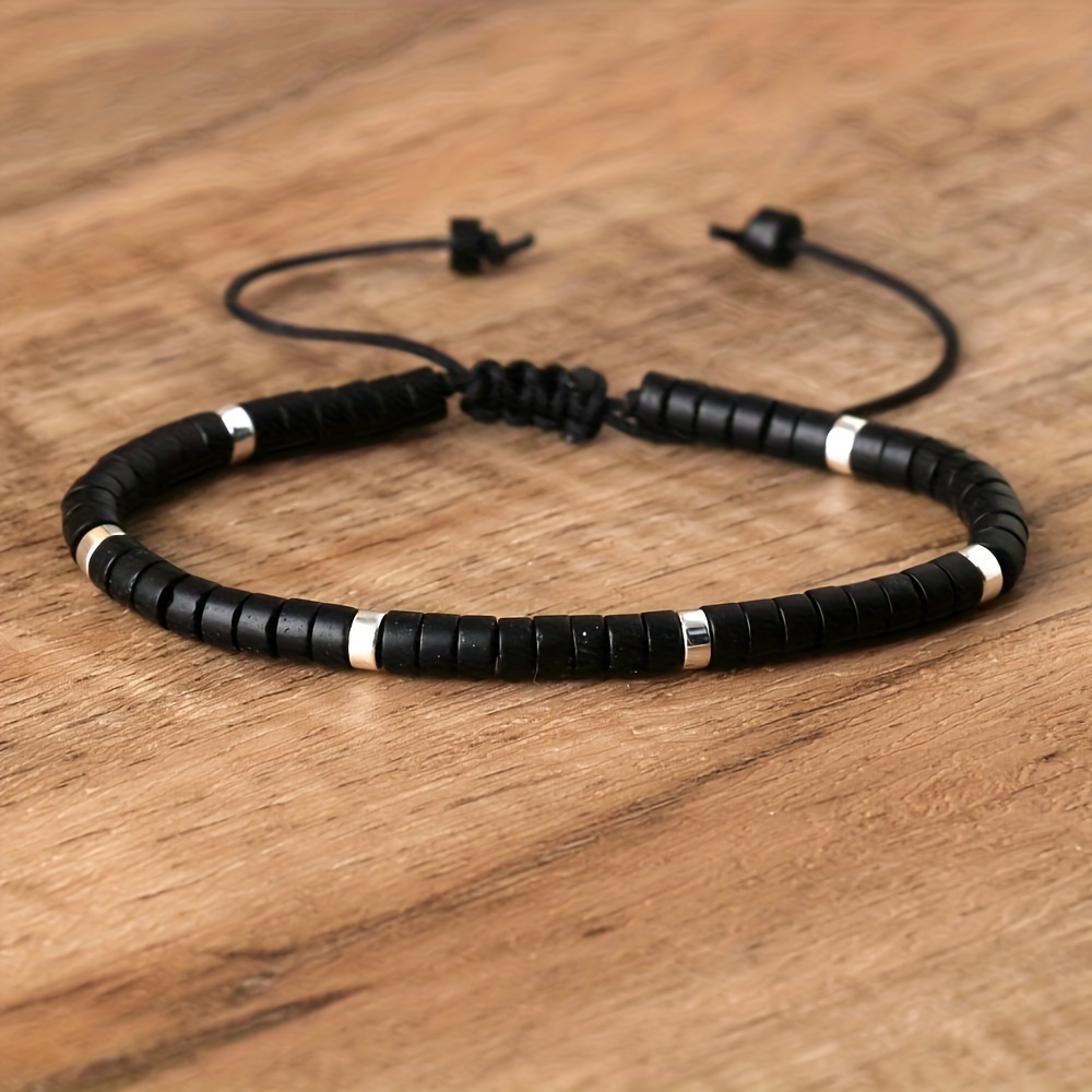1pc Colorful Natural Stone Beads Beaded Braided Bracelet Boho Style Hand Jewelry Decoration Adjustable,Frosted black stone,Frosted black stone