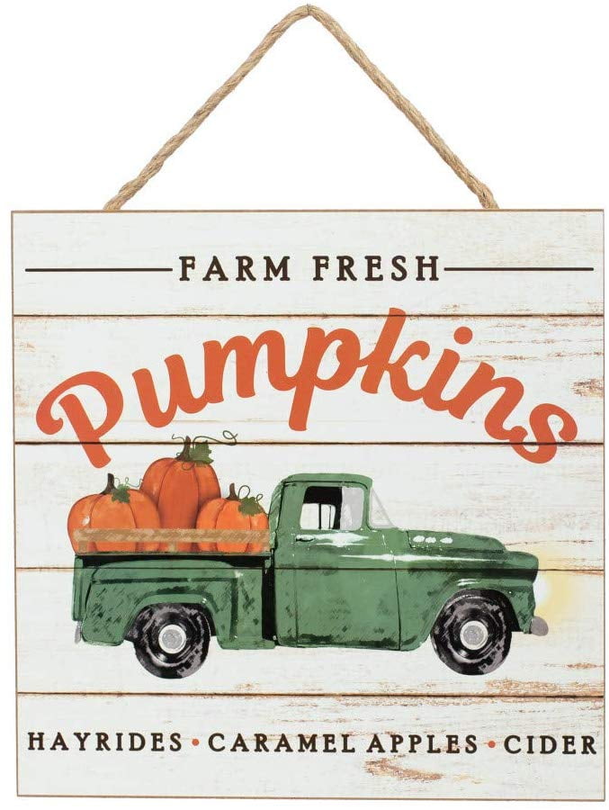 Farm Fresh Pumpkins Wood Sign - 10' x 10', Vintage Kitchen Sign, Green Pickup Truck, Wooden Pumpkin Patch Sign, Halloween, Fall Wreath, Thanksgiving
