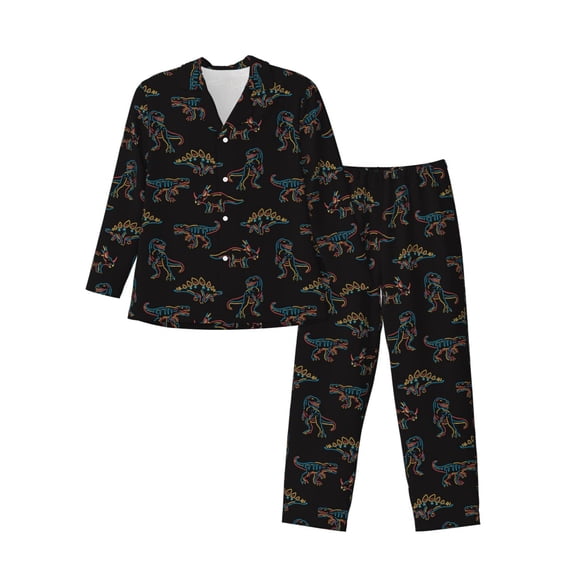 Hirioo Neon Dinosaur for Men's Pajama Sets 2 Piece Pjs Men's Long-Sleeved Pajama Set Button Down Sleepwear,S-XXL-Small