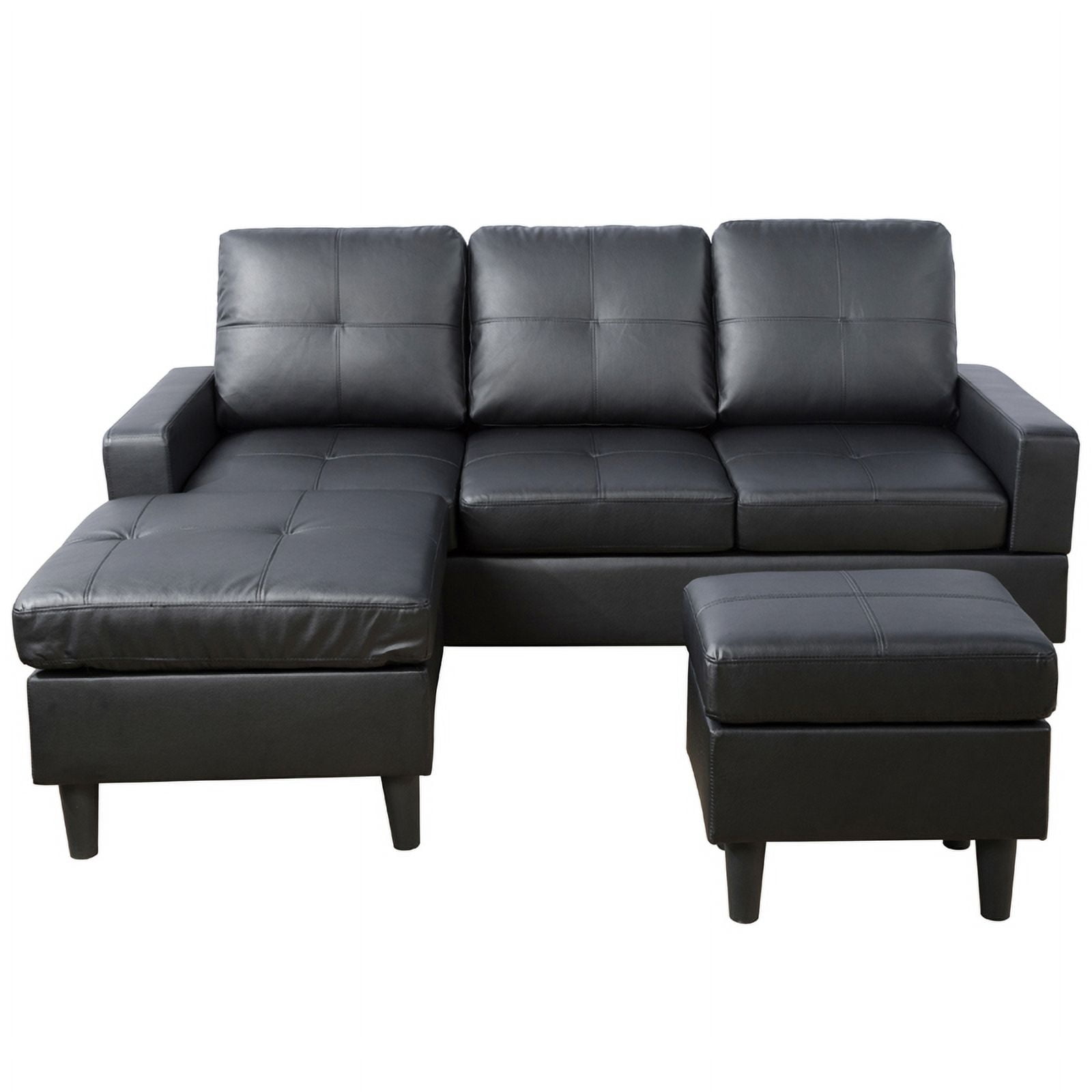 PonLiving Convertible Living Room Sectional Sofa with Reversible Chaise & Ottoman Black PU Leather