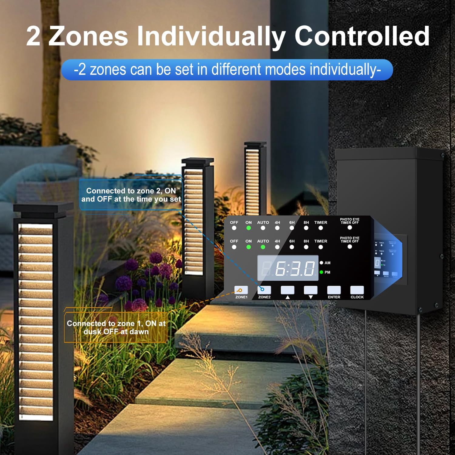 300W Low age Landscape Lighting Transformer, Outdoor Patio Transformer with 2 Individually Controlled Outputs 120V to 12V/14V Timer and Light Sensor