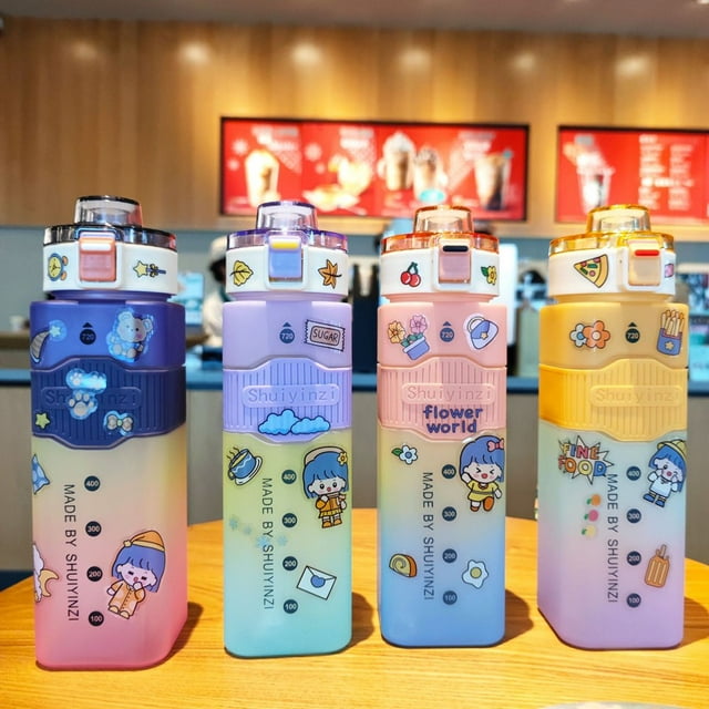 720/900ml Water Bottle Large Capacity Heat Resistant Leak-proof Gradient Rainbow Color Sports Straw Bottle Daily Use