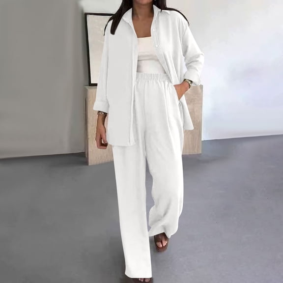 Cagogo Women Plus Size 2 Piece Set Casual Long Sleeve Shirt Wide Leg Pants Solid Business Travel Outfits Loose Collared Tops Comfy Matching Lounge Work Attire, White 2XL