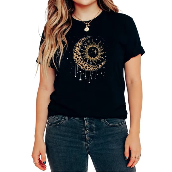 UNISHE Women's Leopard Print Moon and Sun Celestial Graphic Short Sleeve T-Shirt Casual Boho Mystical Tees