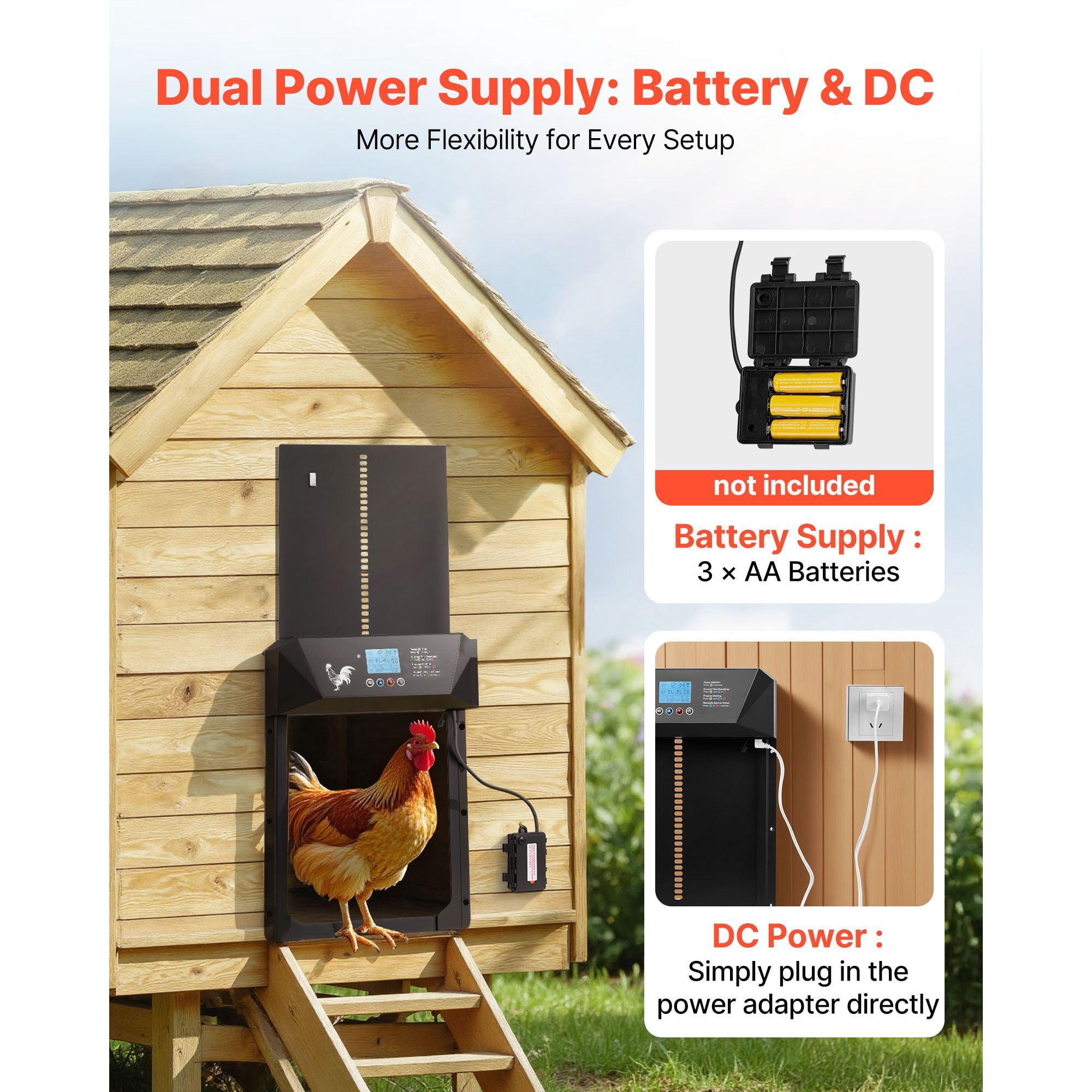 Automatic Chicken Coop Door Light-Sensor/Timer/Remote Modes Anti-Pinch Aluminum Alloy ABS Dual Power for Backyard Coops