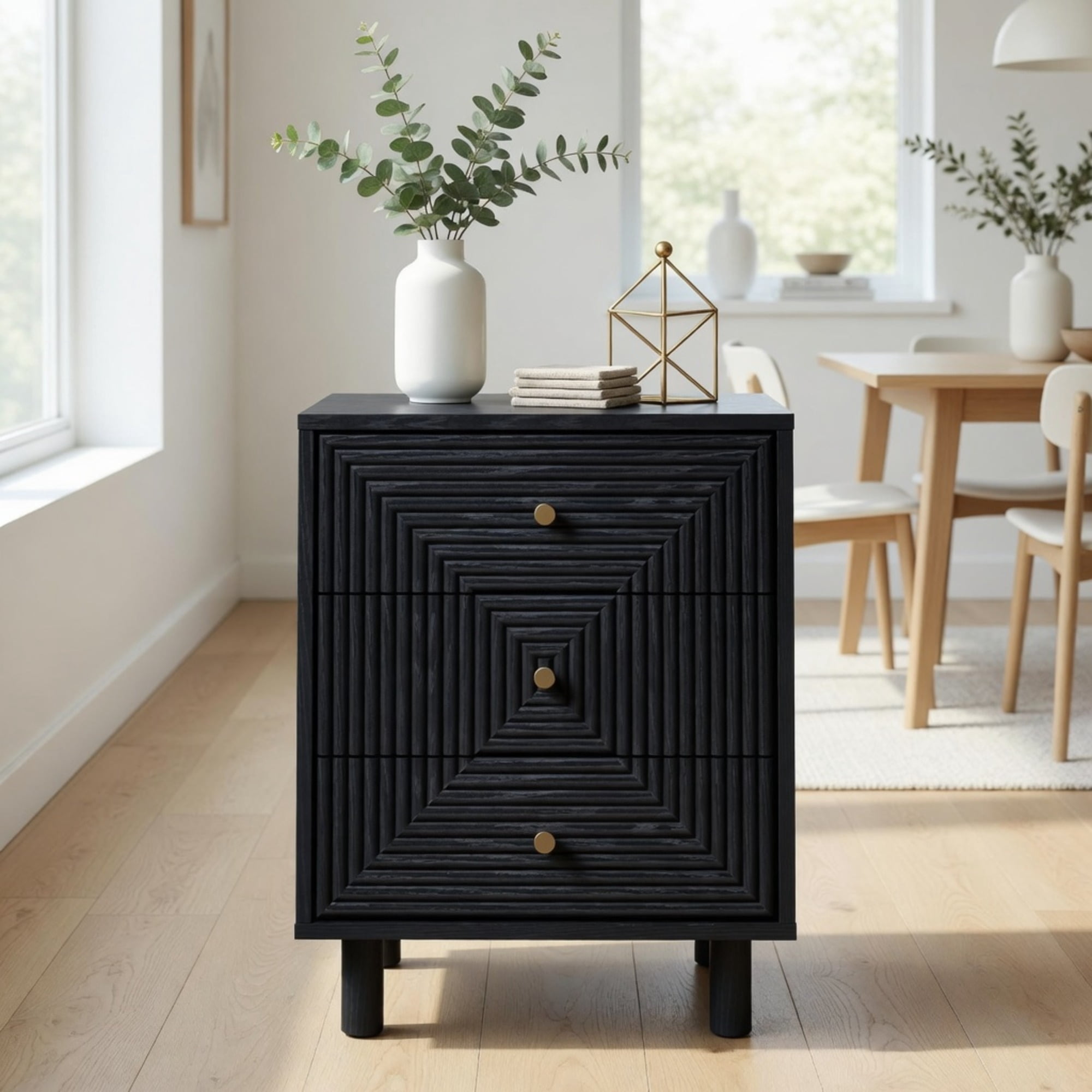 18.7 Inches Width Black 3 Drawer Nightstand - Modern Wood Chest with Solid Legs