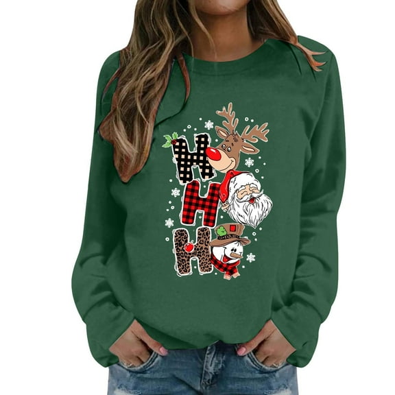 Fiaer Christmas Sweatshirts for Women Santa Reindeer Snowman Crew Neck Tops Long Sleeve Funny Graphic Tops Dark Green S