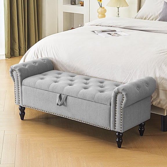 Tufted Faux Linen Light Grey Storage Bench with Nailhead Trim and Rolled