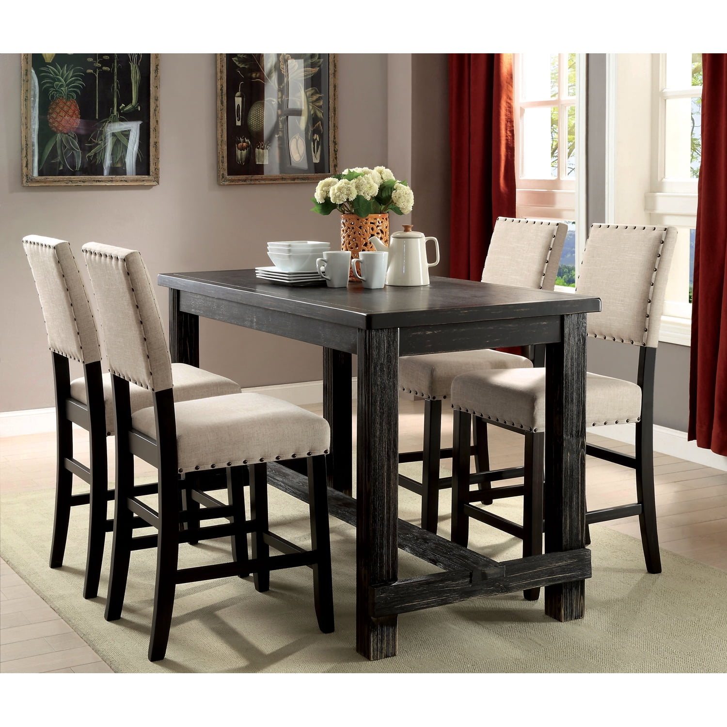 Furniture of America Freiden Rustic Counter Height Dining Table, Antique Black
