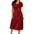 thumbnail image 1 of Vestido de fiesta midi ajustado con cintura asimétrica y escote en V y manga corta para mujer de talla grande, 1 of 5