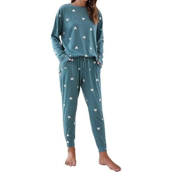 Women's Soft Comfortable Long Sleeve Pajamas, Fashionable Heart Print Elements Loungewear Set, Blue