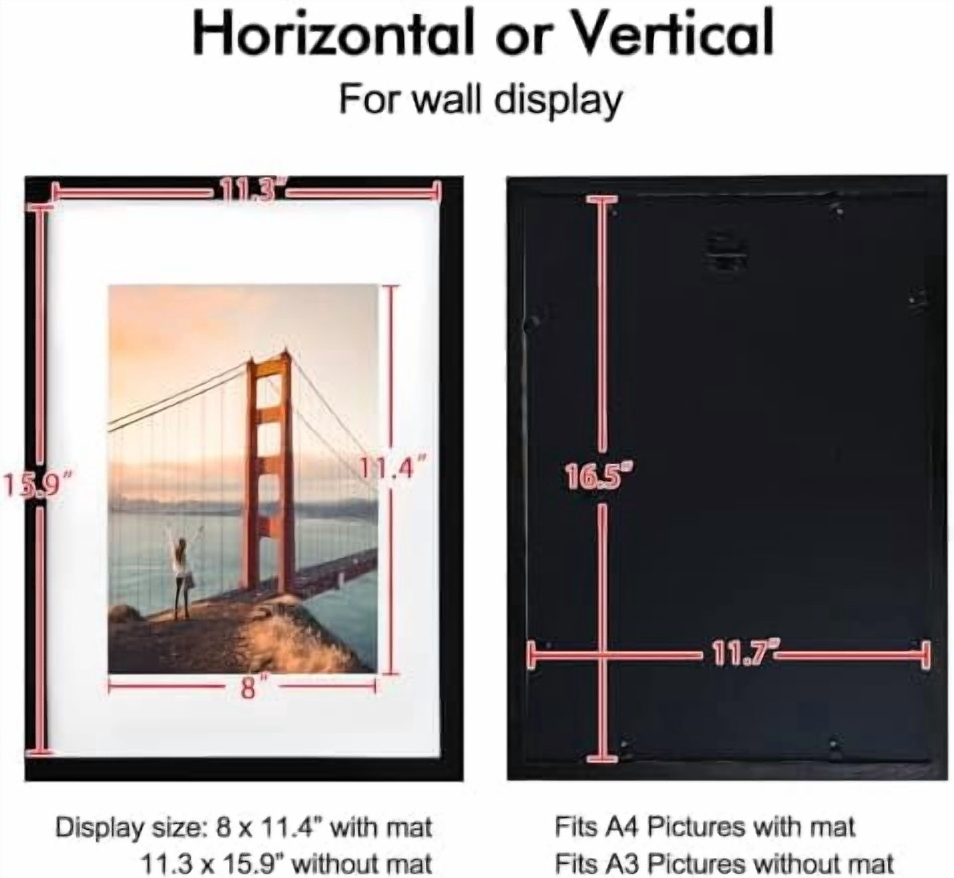 A3 Picture Frame, Black Solid Wood Frame with Acrylic Plexiglass for Pictures A4 with Mat or A3 without Mat, Wall Display Poster Frame 1 Pack