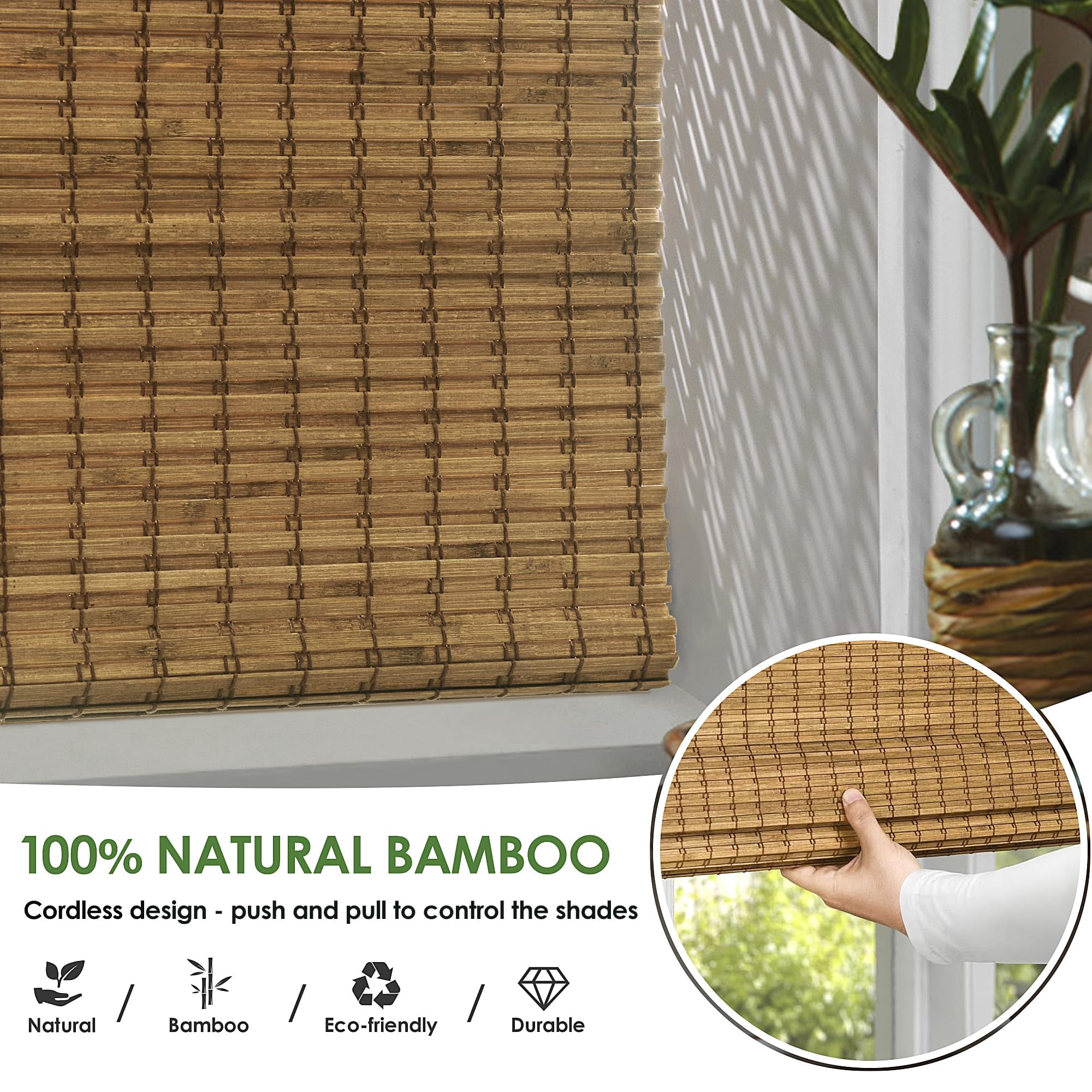 LazBlinds Cordless Bamboo Roman Shades, Privacy Blinds for Interior Windows, Room Darkening Roll Up Bamboo Blinds for Home & Patio, 25.5" W x 64" H, Highfield Teak