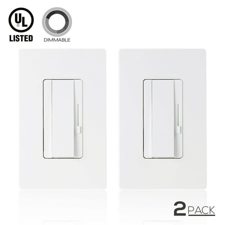 TORCHSTAR 2pcs 3-Way/Single Pole Decorative LED Slide Dimmer Rocker Switch, Wall Plate Included, UL (Best 3 Way Dimmer Switch For Led Lights)