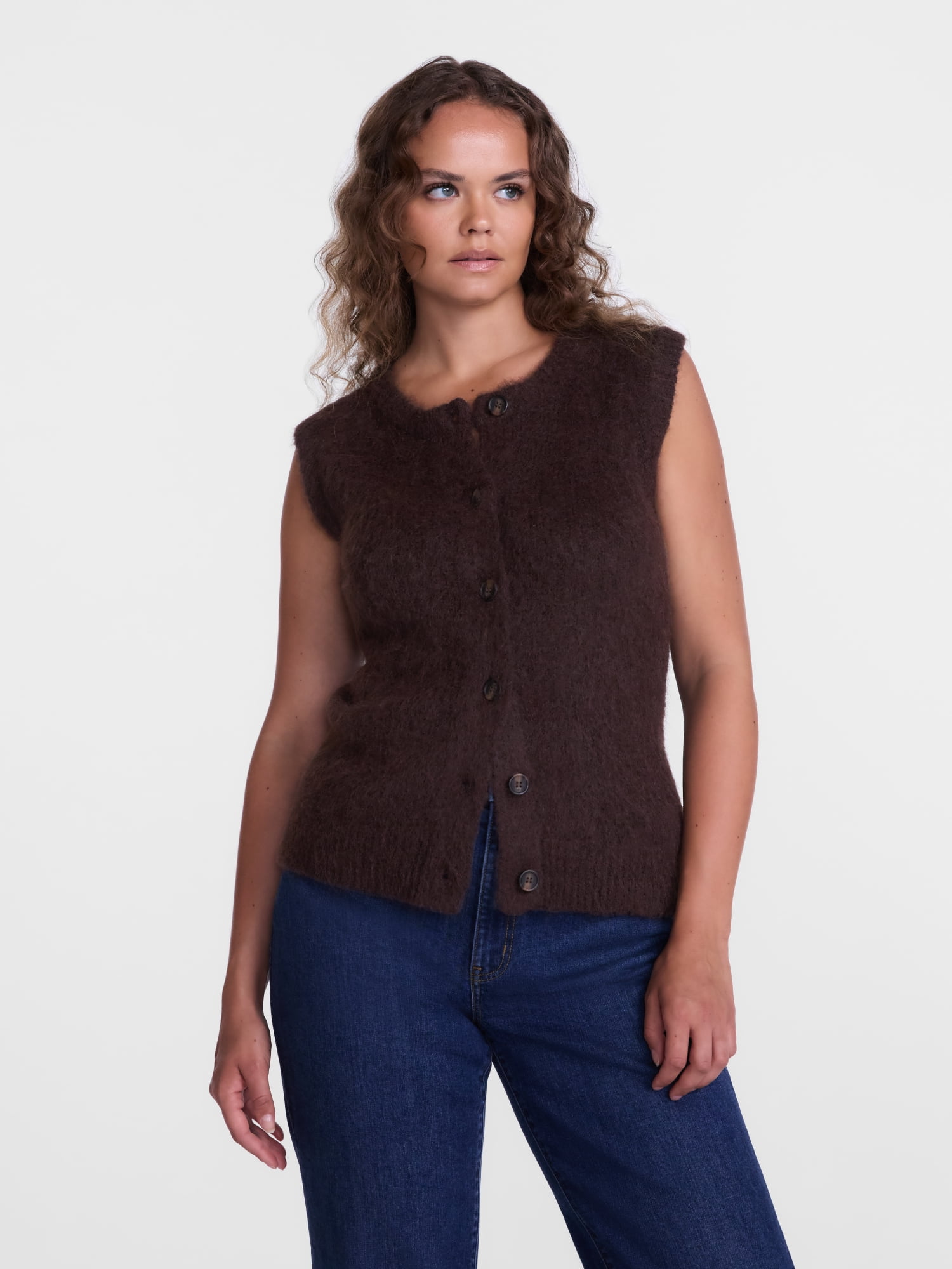 Scenario Women's and Women's Plus Button Front Textured Sweater Vest, Lightweight, Sizes XS-4X
