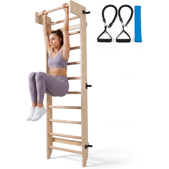 BouPower Swedish Ladder Wall Gym, 350 lbs Wall Mounted Wooden Gymnastics Bar and Pull Up Bar for Home Gym, Teens and Adults