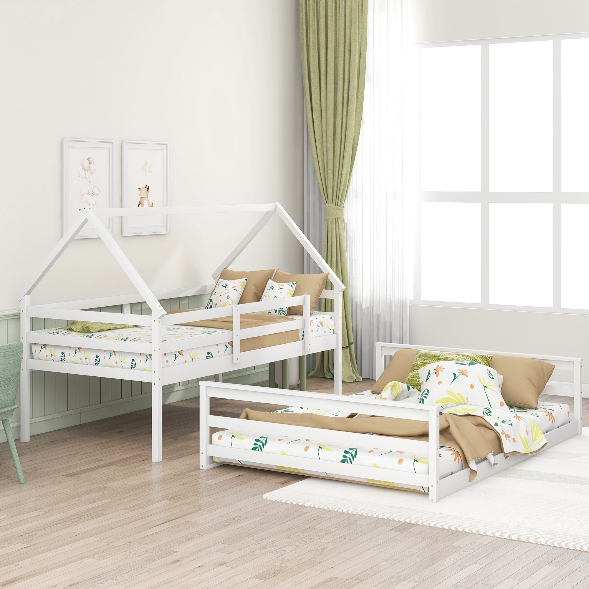 EUROCO Pine Wood Twin over Full Bunk Bed, House-Shaped for Kids Teens Bedroom, White