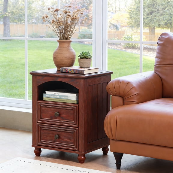 Buildhom 18" Farmhouse Nightstand with Charging Station, Wood Bedside Table with 2 Drawers & Shelf for Bedroom, Living Room, Red Oak