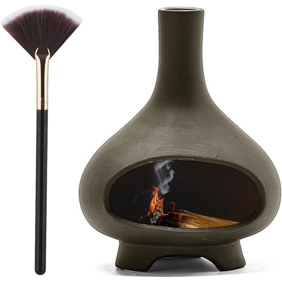 Palo Santo Support Fait Main Brûleur d'Encens en Céramique Cheminée Bol à Bavures pour Palo Santo Bâtons Ensembles de Sauge avec Brosse (Marron) (Gris Furnace)