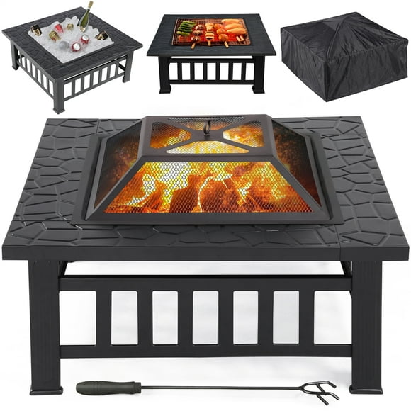 Yaheetech 32'' Outdoor Square Fire Pit w/Cover & Poker, Black
