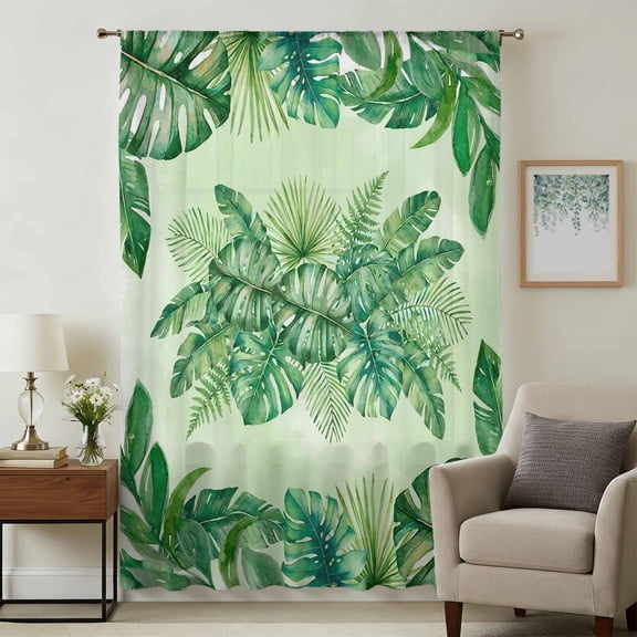 Monstera Leaves Sheer Curtains 96" Long, Summer Tropical Plants Palm Leaf Ombre Green Light Filering Curtains, Privacy Drapes Simi Floor to Veiling Curtain for Living Room Large Window Treatment