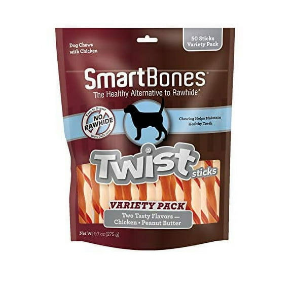 SmartBones Twist Sticks Variety Pack 50 Count, Rawhide-Free Chews for Dogs Made with Real Chicken or Peanut Butter
