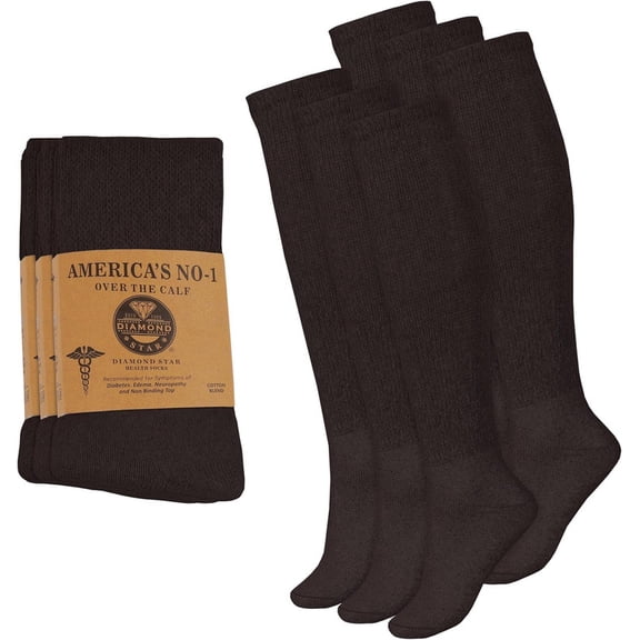 Diamond Star Diabetic Over the Calf, Non-binding Premium Cushion Cotton Knee High Comfortable Socks for Men (Brown - 6 Pairs, Socks Size 13-16)