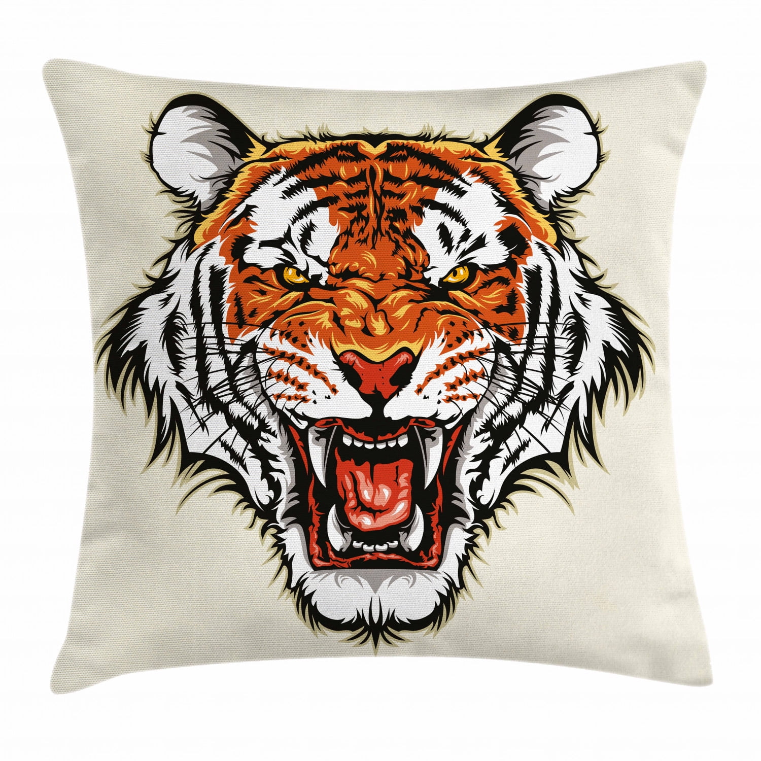 Tiger Throw Pillow Cushion Cover, Angry Ready to Attack Beast with