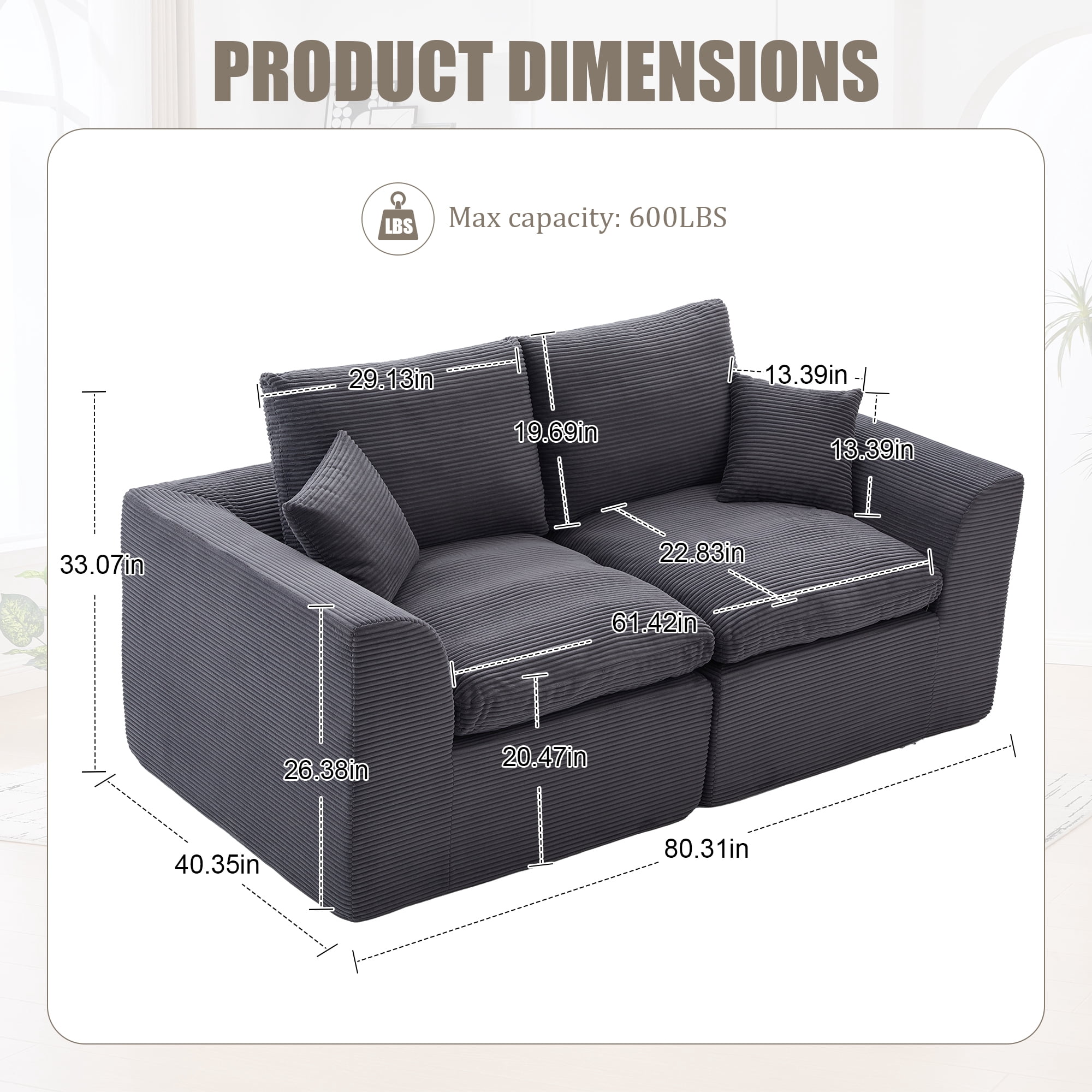MOONMISS 80.3" Oversized Modular Sofa, Upholstered Corduroy 2 Seat Deep Seat Cloud Couch for Living Room Bedroom, No Assembly Required,Gray