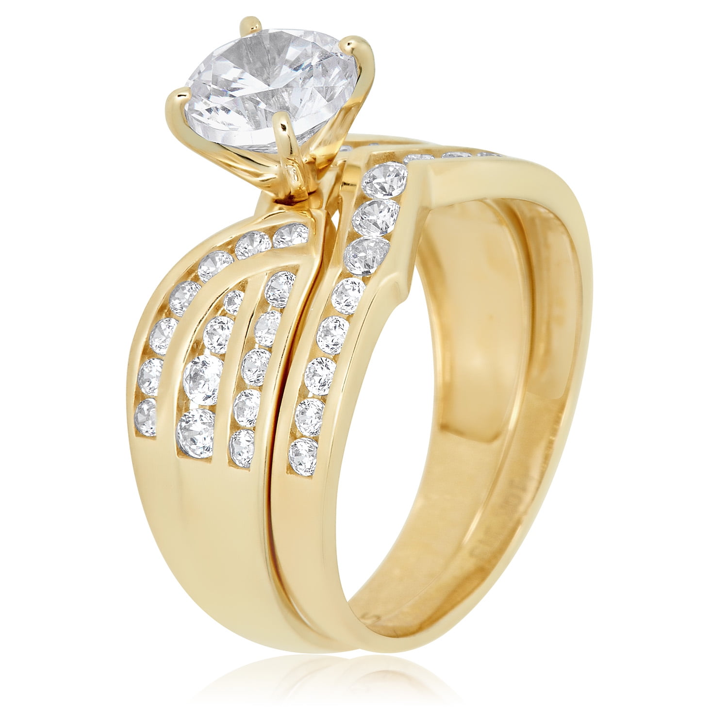 10K Yellow Gold Silver 2 Piece Bridal Rings Wedding Engagement Band Simu Diamond 