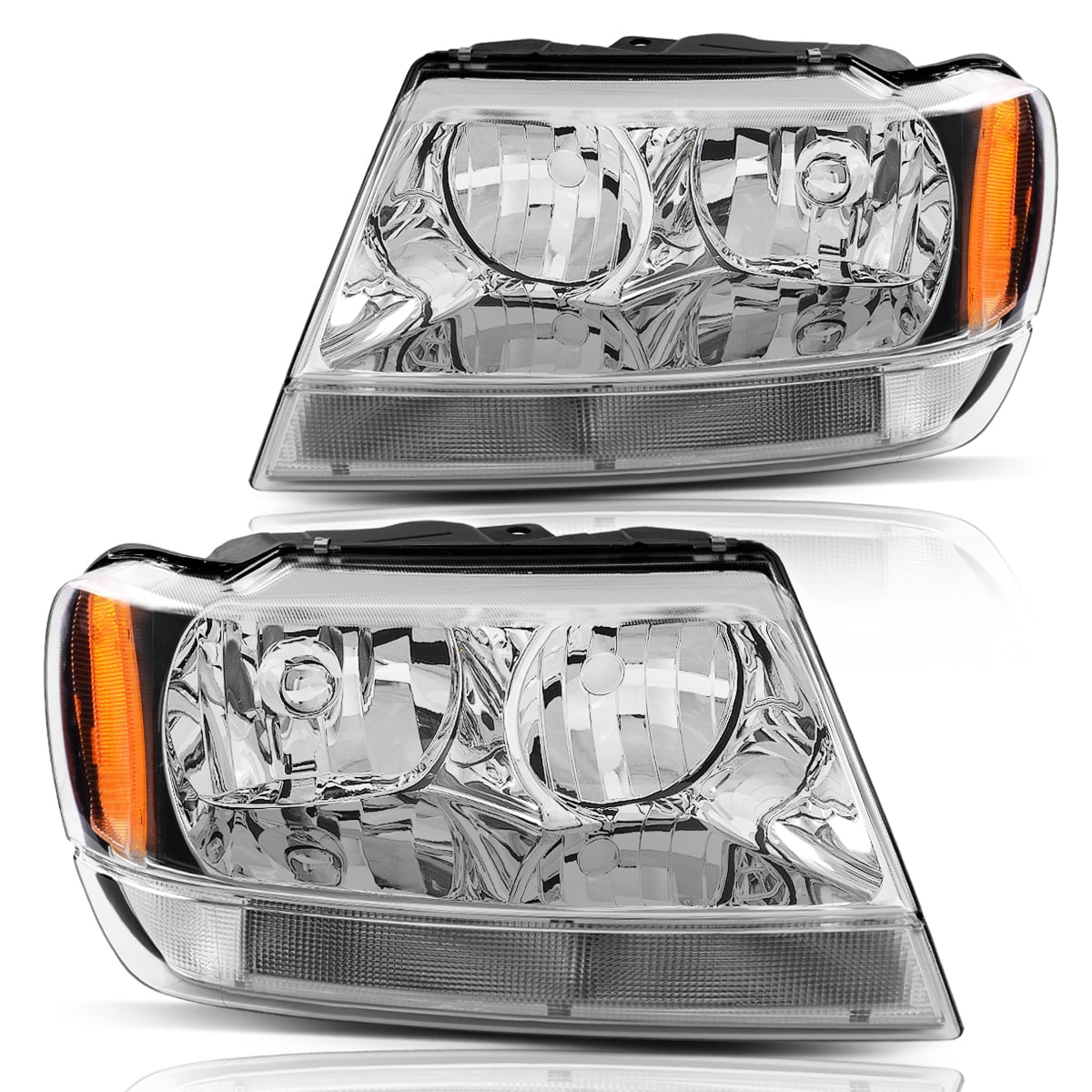 RVNI Chrome Amber Corner Headlights For 1999-2004 Jeep Grand Cherokee Pair Headlamps