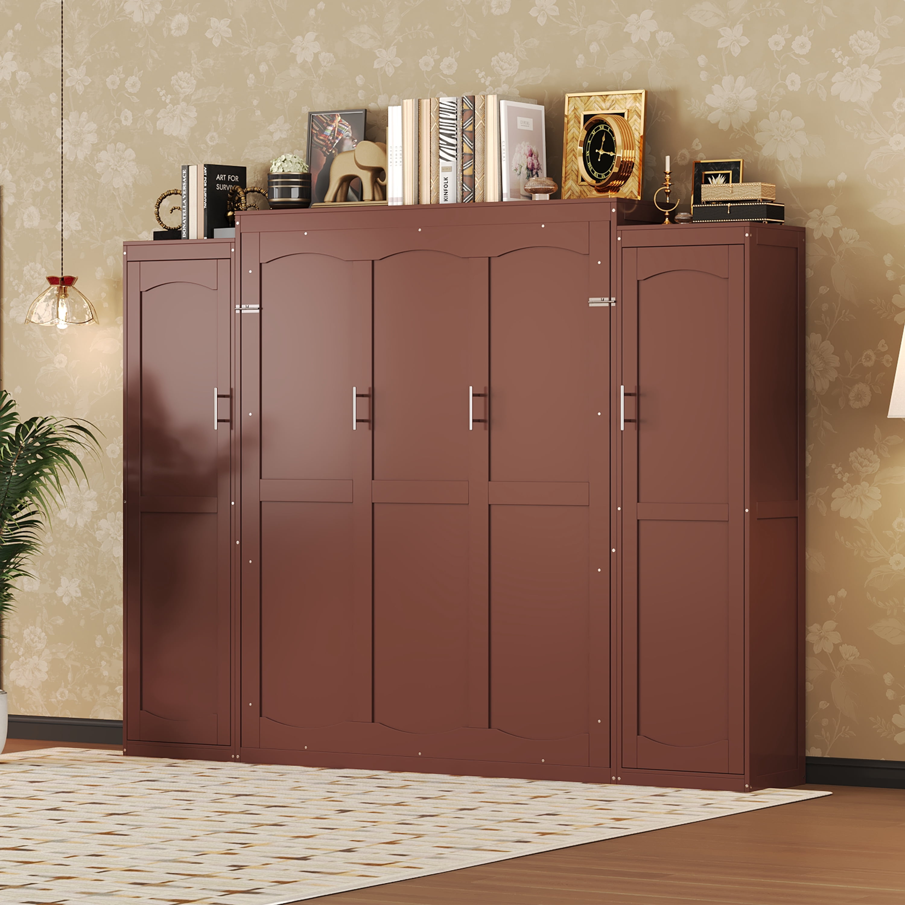Yoneston Full Size Modern Murphy Bed with 2 Wardrobe & Storage Shelf, Multifunctional Foldable Platform Bed Frame with for Guestroom Bedroom, Brown
