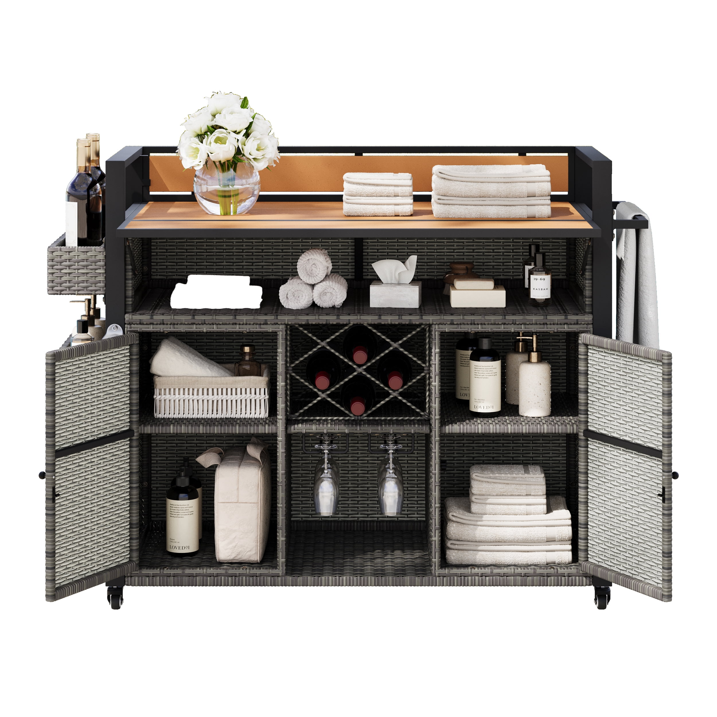 Outdoor Grill Cart 52.8 Inch W, Wicker Structure with Extended Plastic Wood Table Top for Patio Backyard, Grey