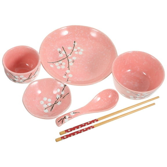 6-Piece Japanese Ceramic Tableware Set - Pink Dinner Plates & Bowls7.215In