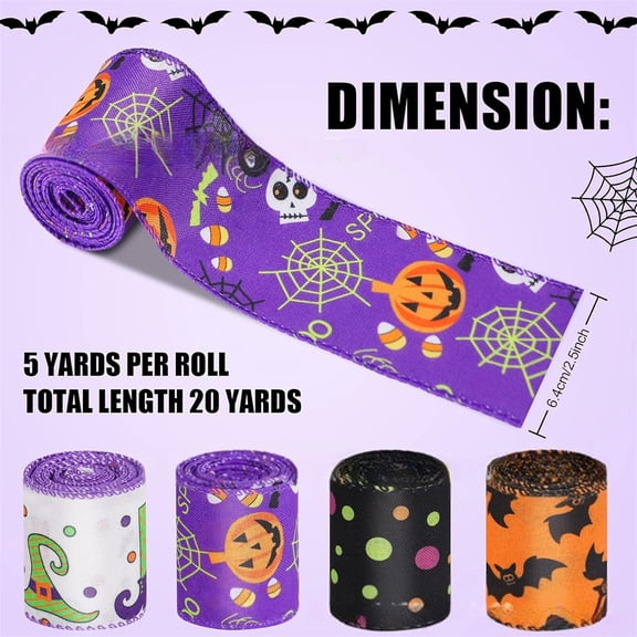 Clearance Under $1.96! 1PACK Halloween Decorative Ribbon Set, Wired Edge Craft Tape with Bat & Pumpkin Prints, Cloth, (One Size, C)